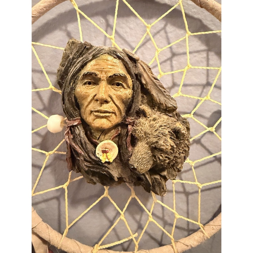 Decorative Dreamcatcher Wall Hanging w/ Sculpted Elder Face, Feathers & Chimes